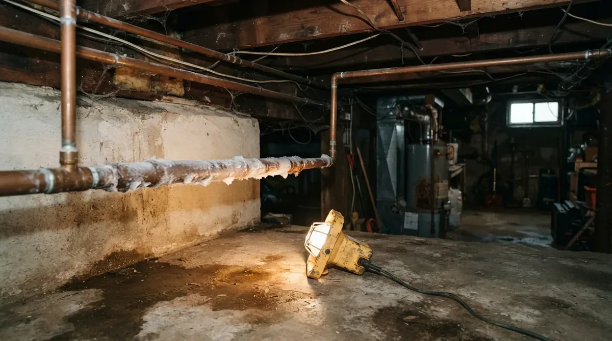 A frosted water line along basement joists